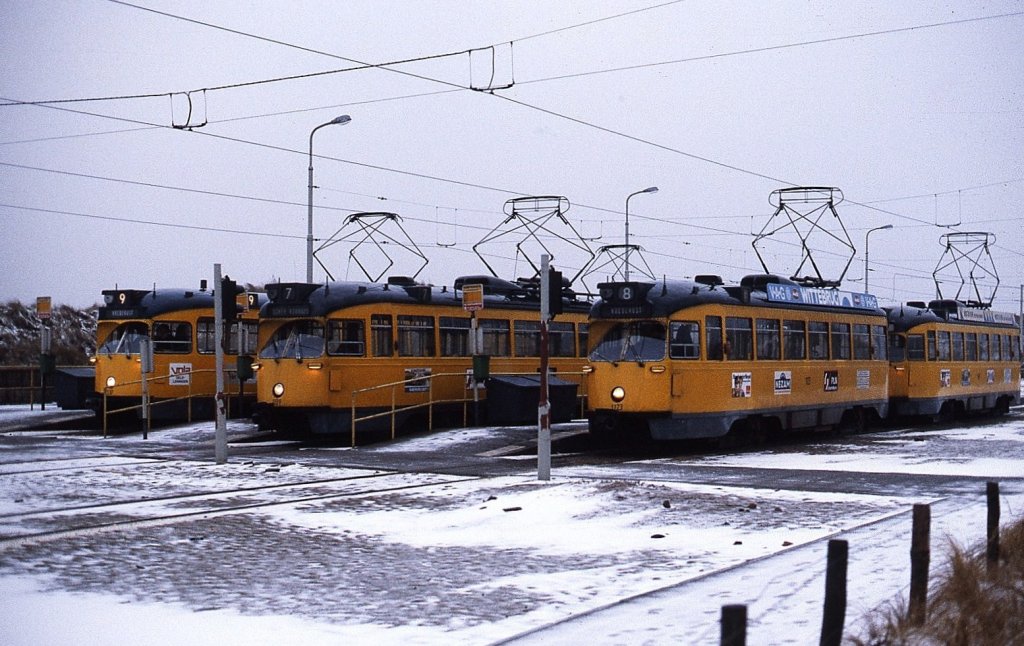 Den Haag - Gleich drei PCC-Triebwagenzge stehen im Februar 1980 in der Endhaltestelle Scheveningen Noorderstrand