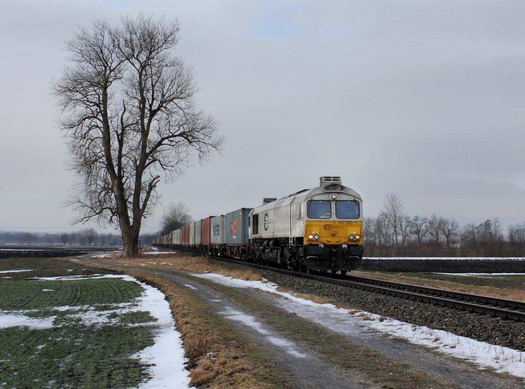 Der 247 060 mit einem Containerzug am 20.02.2012 unterwegs bei Alttting.