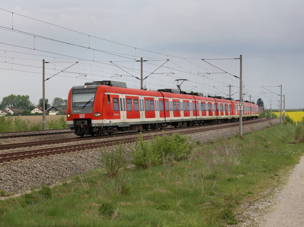 Der 423 133 mit einem Weiteren als S Bahn nach Petershausen am 28.04.2011 unterwegs bei Hebertshausen. 
