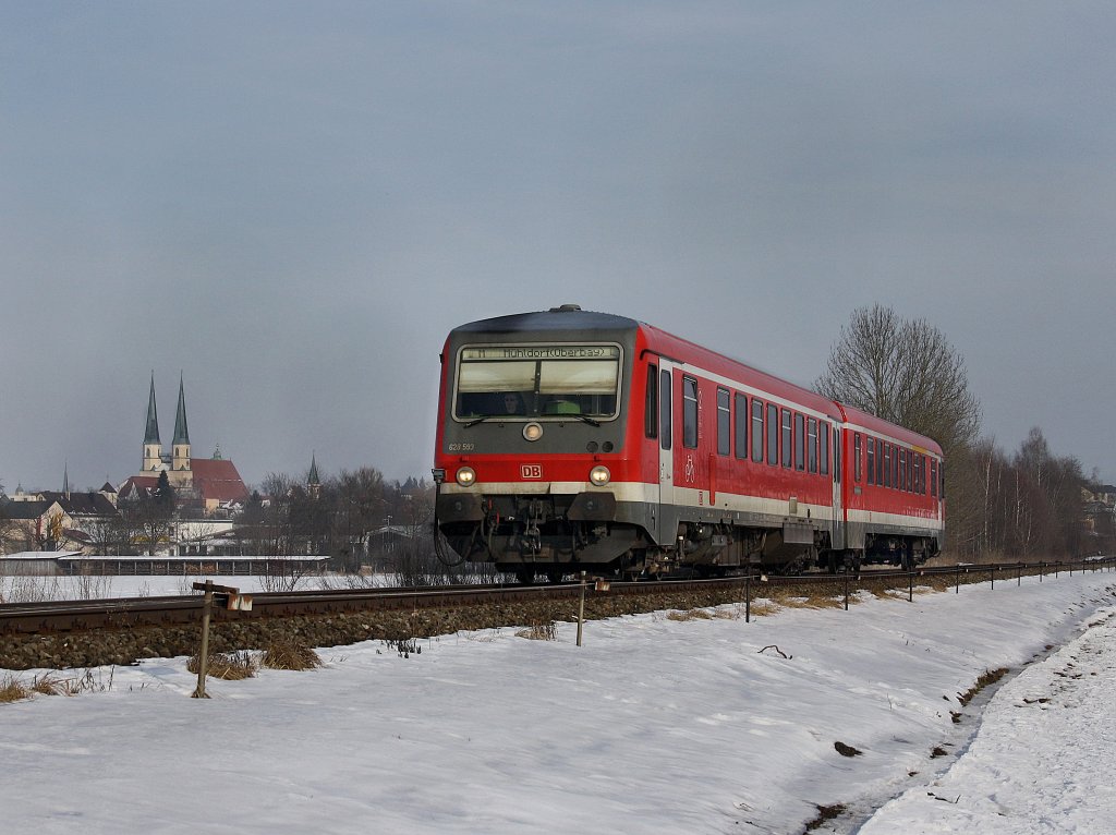 Der 628 593 am 17.02.2010 als RB nach M�hldorf unterwegs bei Alt�tting.