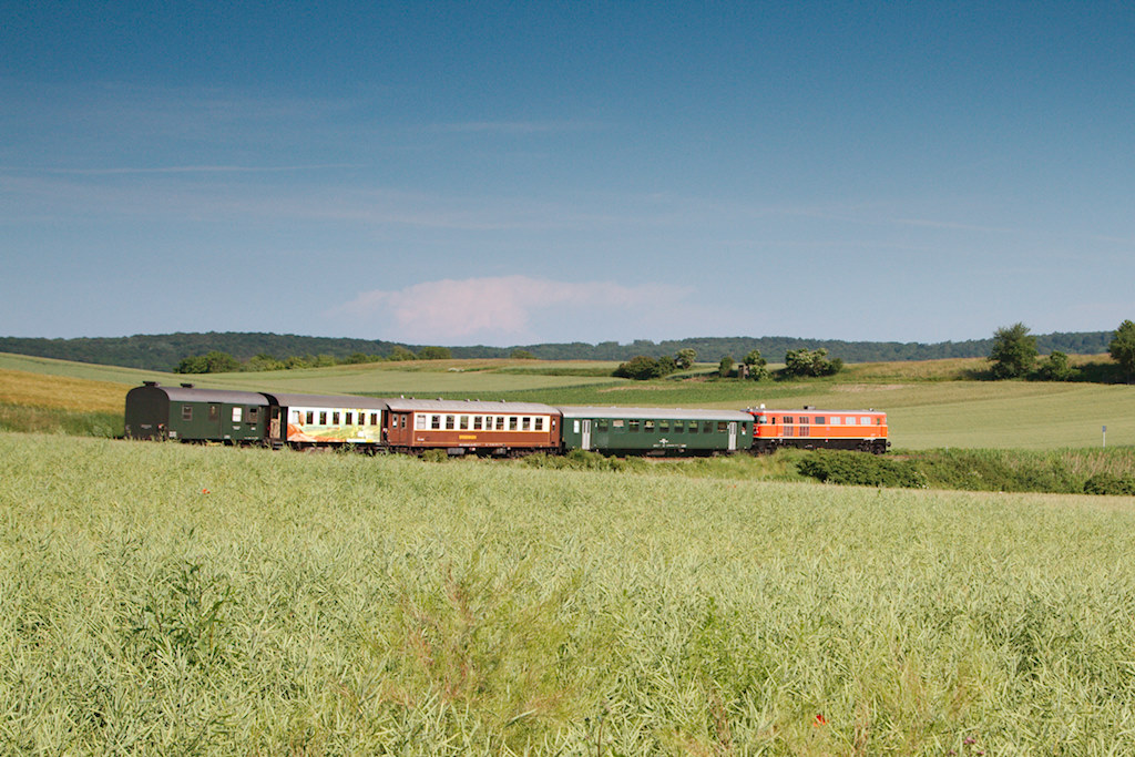 Der Abendzug zurck nach Wien Praterstern aufgenommen inmitten des Mollmannsdorfer Berges. An diesem Wochenende waren die Zge mit der roten 2050.09 bespannt, die Garnitur war aber leider bunt zusammengewrfelt. (16.06.2013)