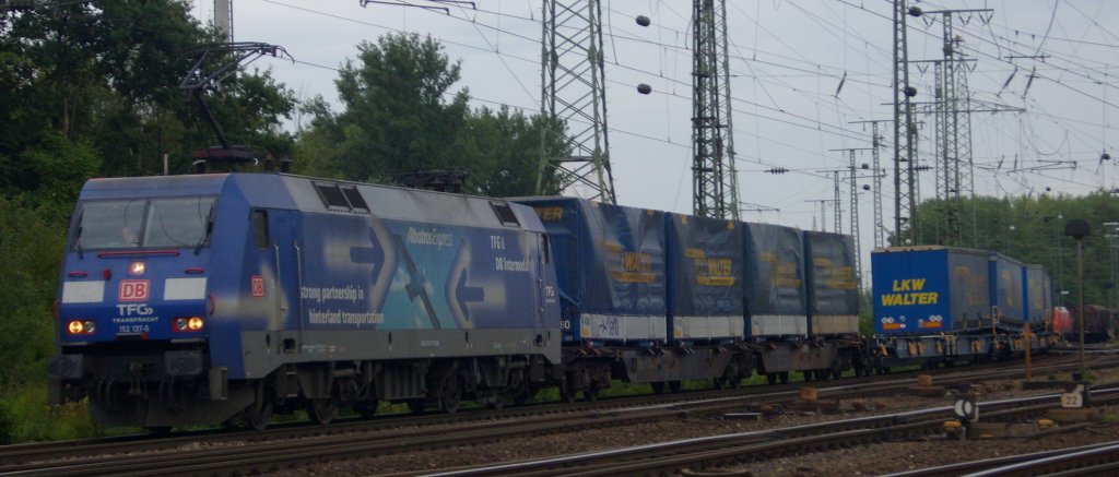 Der Albatros 152 137 fuhr am 26.08.2010 mit einem LKW Walter Zug durch Gnf Gremberg.