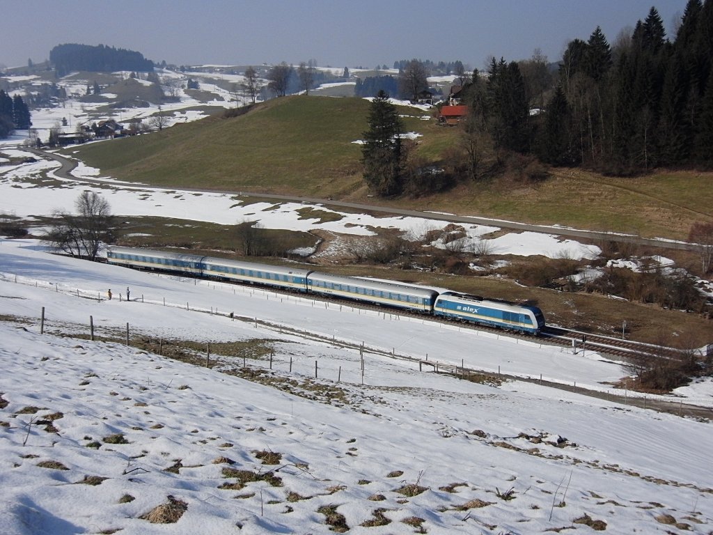 Der ALX 84144 von Mnchen nach Lindau am 03.03.2011 kurz nach der Abfahrt in Oberstaufen. Das Bild entstand in der Nhe von Zell.