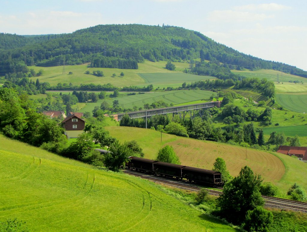 Der Bahnhof Epfenhofen und der 264 m Tal�bergang Epfenhofen auf der Wutachtalbahn zwischen Blumberg und Weizen; 23.06.2010