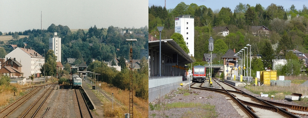 Der Bahnhof Lebach 1997 und 2010 - 

Lebach Saar war ehemaliger Bahnknoten mit 2 oder auch 3 Bahnlinien, je nach Sicht des Betrachters.
Der Reisende konnte in den Hochwald fahren: Lebach - Primsweiler - Nonnweiler, von dort nach Hermeskeil (Trier oder Hunsrckbahn) oder von Nonnweiler nach Trkismhle (Nahetalbahn).
Der Reisende konnte auch nach Dillingen Saar fahren und zwar ber Primsweiler.
Eine weitere Mglichkeit bestand mit der Kllertalbahn nach Vlklingen (ber Heusweiler - Pttlingen)
Und (die einzige Strecke die zur Zeit noch betrieben wird) es gab die Mglichkeit nach Neunkirchen oder Saarbrcken zu reisen, damals noch mit Wemmetsweiler als Knoten.

Der Vergleich Sommer 1997 und April 2010, geblieben sind die 628er.