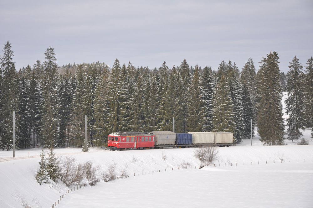 Der Bef 4/4 641 bzw. ABe 4/4 641 erreicht Les Creux-des-Biches am 16. Februar 2010 in Krze mit den Sb 367 und Sb 363 als Gterzug 1228 Glovelier - La Chaux-de-Fonds.