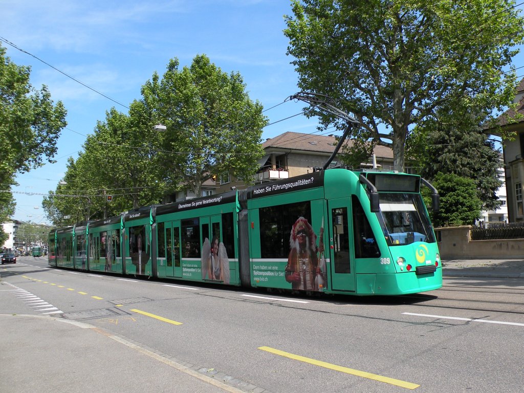 Der Combino mit der Betriebsnummer 309 hat neue, mnnliche Bilder erhalten. Hier fhrt der Wagen zur Haltestelle ZOO Bachletten auf der Linie 8. Die Aufnahme stammt vom 08.06.2013.