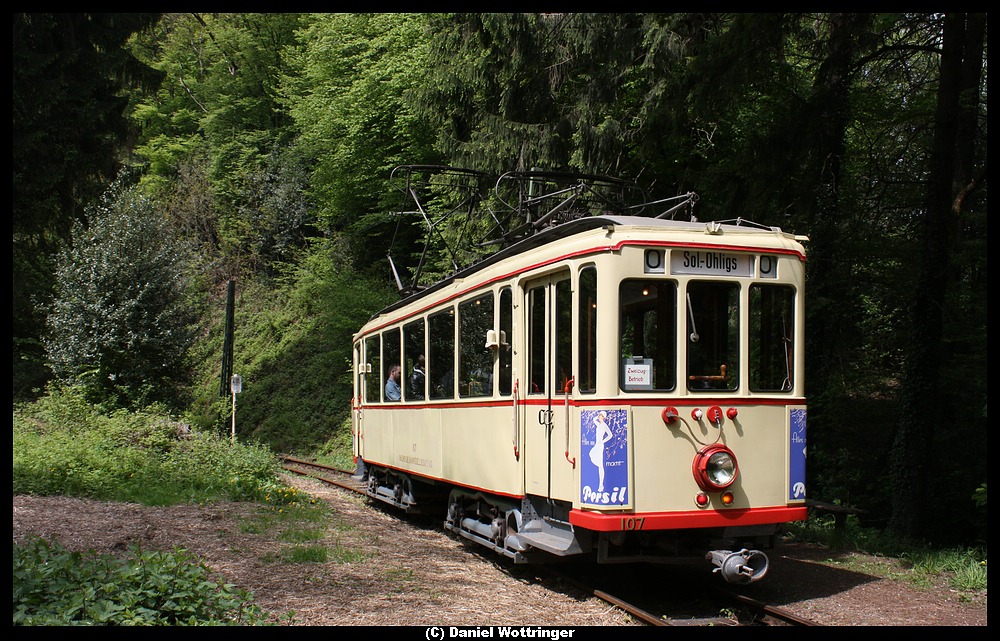 Der ehemalige Rheinbahnwagen 107 auf der Bergischen Museumsbahn. 15.05.2010