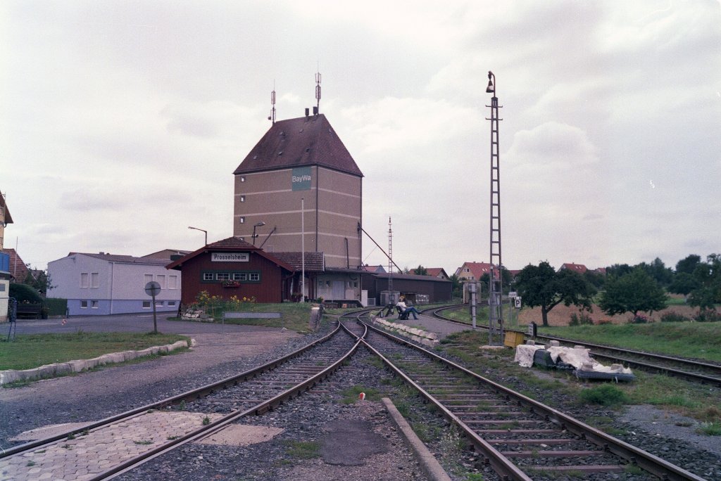 Der eigentlich stillgelegte Bahnhof von Prosselsheim. Nur an Sonn- und Feiertagen fhrt ein Schienenbus von Volkach - Seligenstadt, in der Regel im Stundentakt. Der Bahnhof mitsamt der Strecke wird von der Interessengemeinschaft Mainschleifenbahn aufrecht erhalten. Scan vom Negativ, 2. Sept. 2012  

