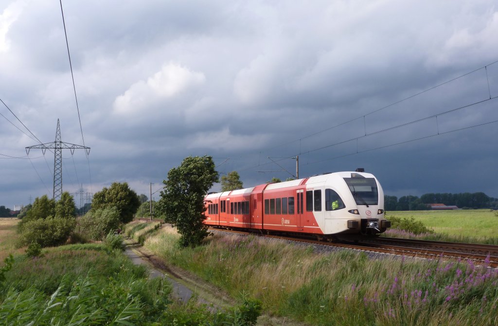 Der Flirt Triebwagen von Arriva fuhr am 17.07.2012 von Leer nach Groningen, hier sdlich von Leer.