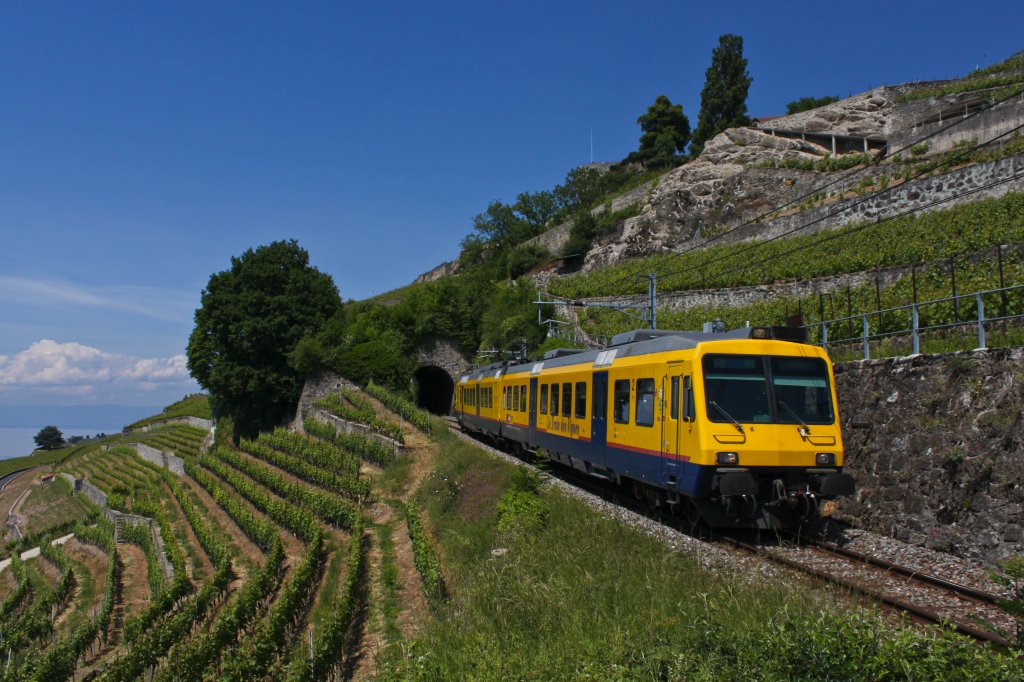 Der gelb-blaue Exot RBDe 560 131 unter den NPZ, besser bekannt als  Train de Vignes  hat als S31 12071 (Puidoux-Chexbres - Vevey) soeben den 20 Meter langen Tunnel nach dem ehemaligen Haltepunkt Les Faverges durchquert und wird in einigen Minuten die Haltestelle Corseaux-Cornalles erreichen. (21.Mai 2011)