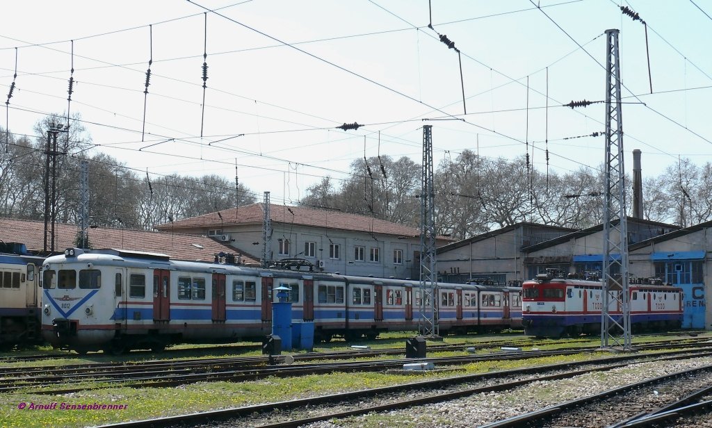 Der hier in  Istanbul-Sirkeci zu sehende Triebzug E8012  stammt aus der ersten Stunde des elektrischen Betriebs bei der TCDD. Er wurde von De Dietrich und Alsthom in Frankreich 
fr die Inbetriebnahme des elektrischen Vorortverkehrs (S-Bahn) 1955 gebaut. Bis zur Lieferung neuer Zge muss auch er weiter seinen Dienst tun.
Rechts stehen die E-Lok E52514 und eine weitere Lok dieser Baureihe.
11.04.09
