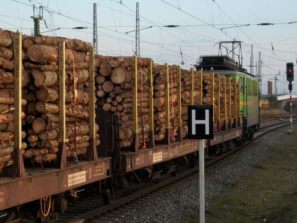 Der Holzzug nach Niedergrne mute mit der WAB-Lok 58 am 31.Oktober 2009 in Rostock Hbf halten.Leider stand die Lok auerhalb vom Bahnsteig so das ich Sie nicht von vorn bekam.