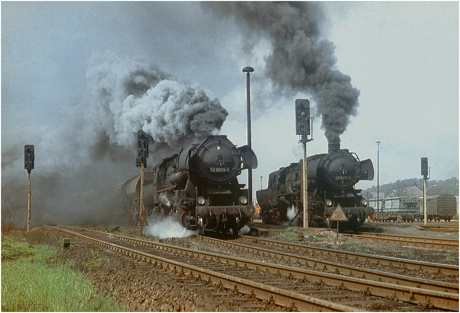 Der Nahgterzug nach Ruhland durchfhrt den Bahnhof Elsterwerda-Biehla, etwa 1975