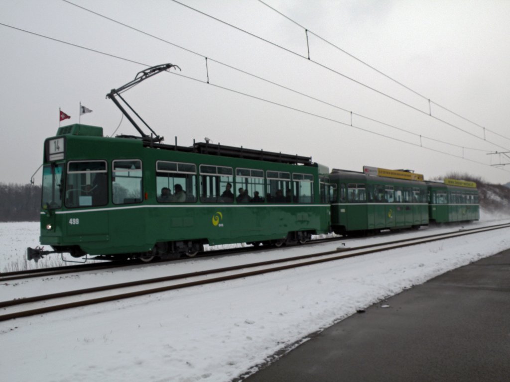 Der neu revidierte Motorwagen 499 bei leichtem Schneefall auf dem Weg nach Muttenz Dorf. Die Aufnahme stammt vom 11.02.2010.