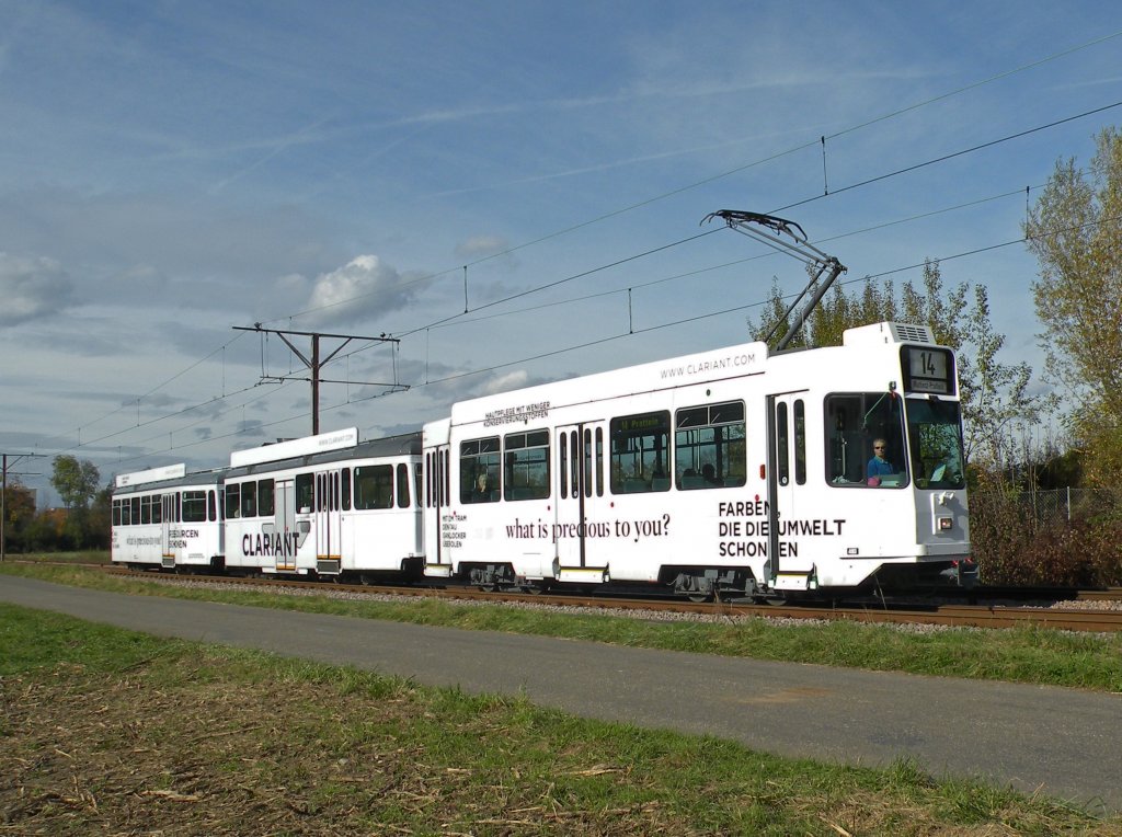 Der neue Werbezug mit dem Be 4/4 493, dem B 1501 S und dem B 1460 auf der Linie 14 in voller Fahrt Richtung Haltestelle Lachmatt . Die Aufnahme stammt vom 01.11.2012.