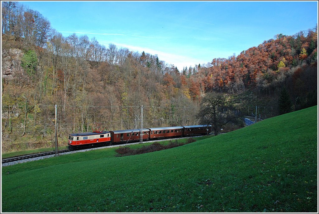 Der R 6811, der am 1.11.2010 von der 1099 004 gezogen wurde, bestand an diesem Tag aus 3 braunen Waggons. Hier zwischen Loich und Schwarzenbach.