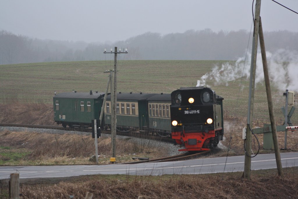 Der  Rasende Roland  vor dem Bahnbergang B 196 in Serams mit 99 4401 als Lok. (02.02.2011)