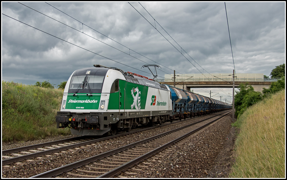 Der steirische Panther ist los! Zwar abseits der schnen Steiermark, aber dafr mit einem wunderschnen Zug war 1216 960 am 26. Juni 2013 am Weg von Bratislava nach Salzburg. Aufgenommen wurde der Zug kurz nach Gramatneusiedl.