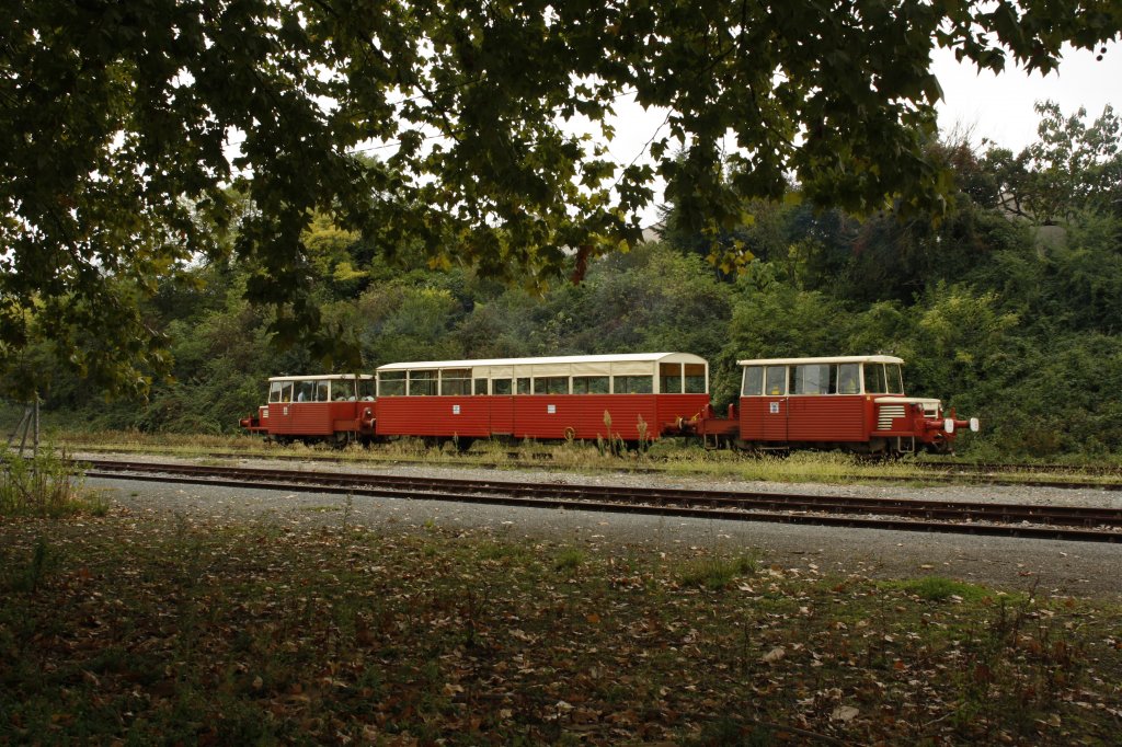 Der Train Touristique de l'Albret (TTA) mit jeweils einer Draisine vom Typ DU 65 als Zug- und Endfahrzeug unterwegs auf der seit dem 17.04.2004 befahrenen 13 km langen Strecke von Nrac nach Mzin an der Grenze der Departements Lot et Garonne, Gers und Landes. (17.09.2010) 