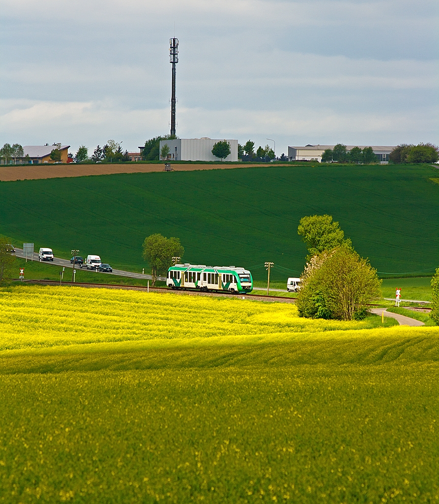 Der VT 268 der vectus (ein Alstom Coradia LINT 41) fhrt am 10.05.2013 ber den Oberwesterwald (KBS 461), hier kurz vor Hachenburg.
Er fhrt als RB 28 die Strecke Au/Sieg-Altenkirchen-Hachenburg-Westerburg-Limburg/Lahn