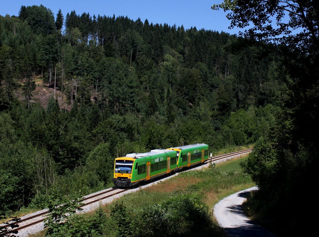 Der VT 27 und der VT 16  als RB nach Plattling am 02.08.2013 unterwegs bei Gotteszell.