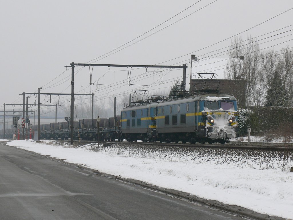 Der Winter nimmt noch kein Ende. Der Stahlrollenzug mit 2306 und 2331 an der Spitze muss wohl in ein Schneegestber geraten sein. Hier aufgenommen am 15/02/2010 in Diepenbeek.