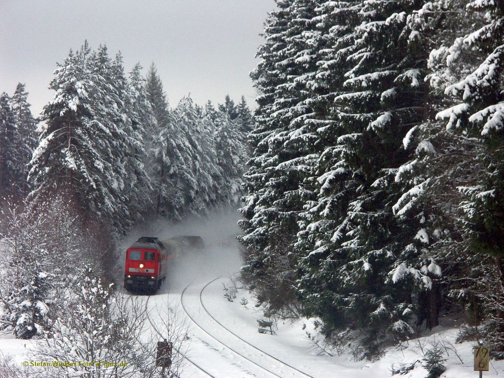 Der Winter ist zurck am 27.01.2011 als die 232 254 mit einem Gterzug gen Norden aus dem Wald auftaucht und auf Martinlamitz zu rauscht...