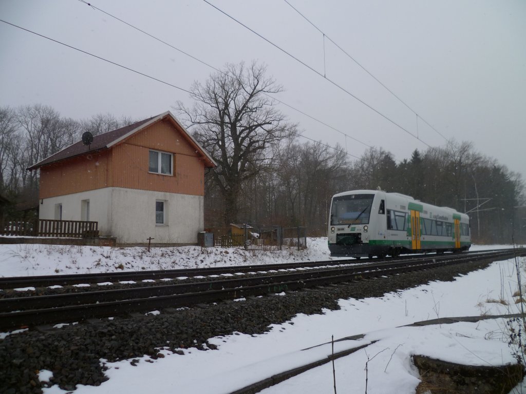 Der Winter ist zurck im Vogtland. Hier ein VT 650 der Vogtlandbahn am 18.03.13 in Frohsinn.