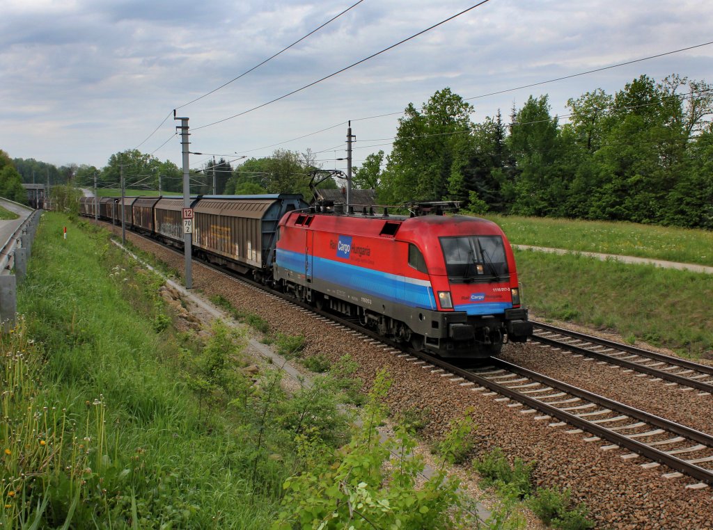 Die 1116 017 mit dem Audi Zug am 05.05.2012 unterwegs bei Wernstein.