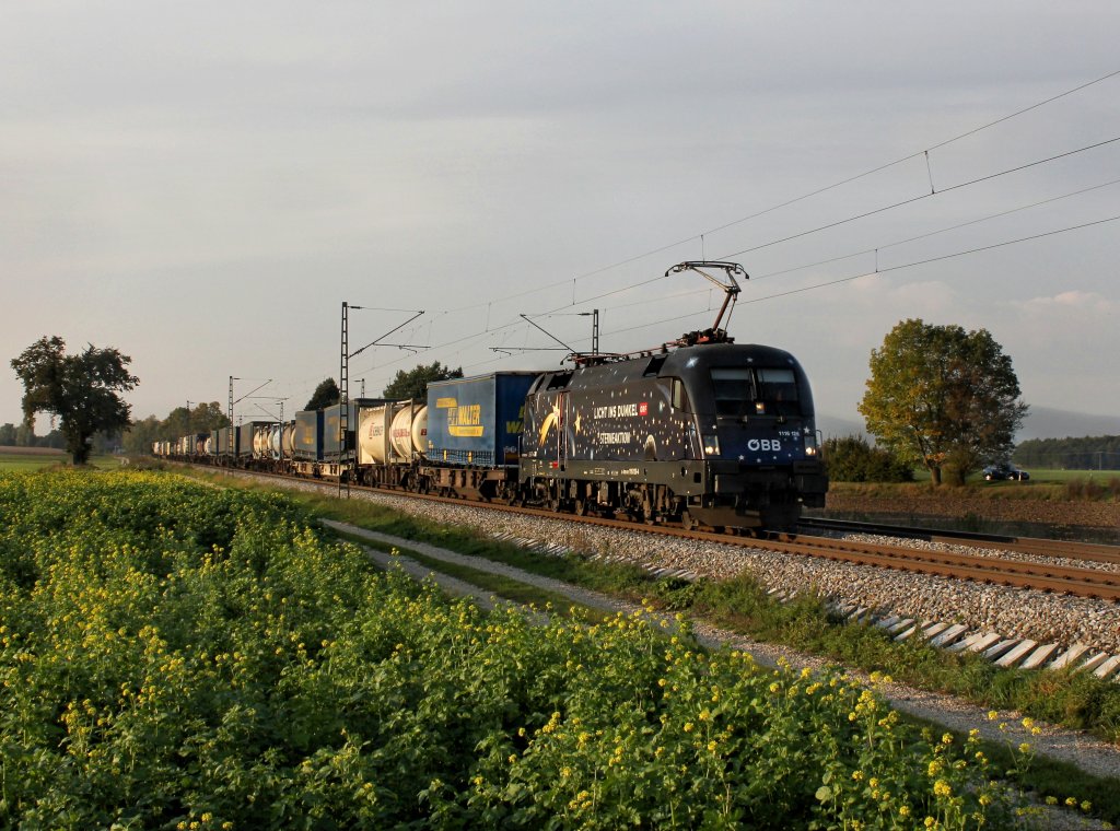 Die 1116 126 mit einem KLV-Zug am 10.10.2012 unterwegs bei Langenisarhofen.