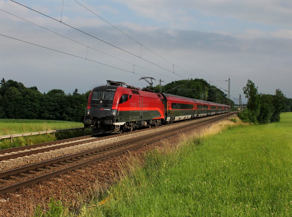 Die 1116 231 mit einem RJ nach Mnchen am 22.06.2012 unterwegs bei Hilperting.