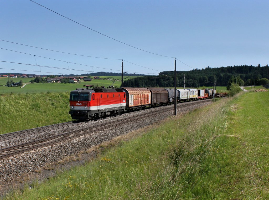 Die 1144 122 mit einem Gterzug am 16.06.2012 unterwegs bei Pndorf.