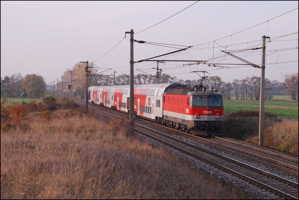 Die 1144 203 wurde am 04.11.2011 im Regionalvekehr eingesetzt. Hier bespannt sie den REX 7626 nach Wien Sdbahnhof (Ostbahn). Gramatneusiedl
