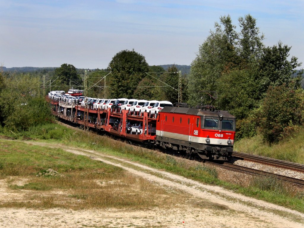 Die 1144 224 mit einem Autozug am 12.09.2010 unterwegs bei Ostermnchen.