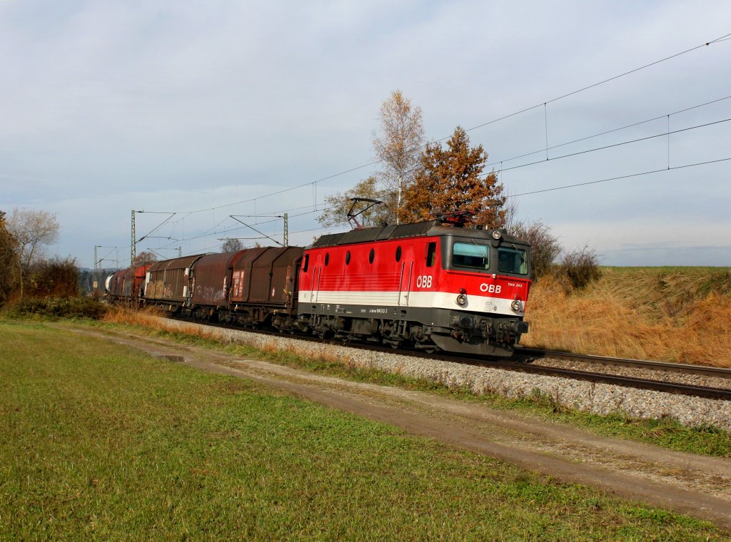 Die 1144 243 mit einem Gterzug am 10.11.2012 unterwegs bei Ostermnchen.