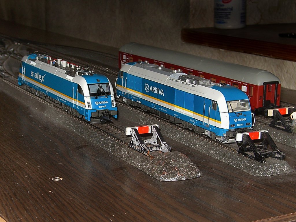 Die 183 005 und die 223 065 abgestellt im Personenwagenabstellbahnhof auf den Lok Gleisen. 