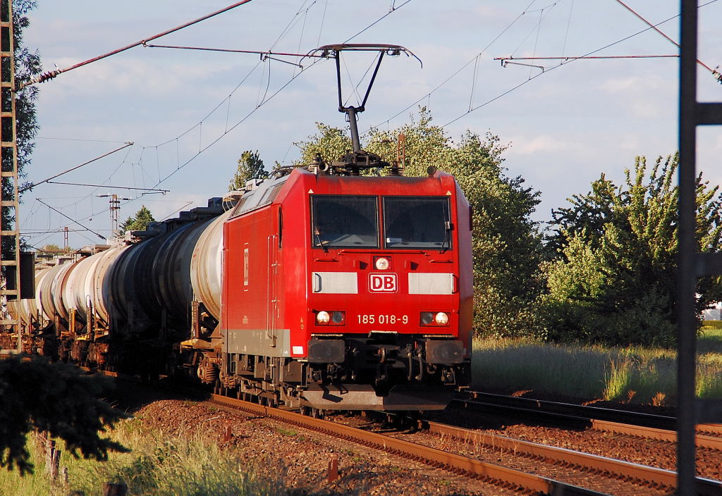 Die 185 018-9 mit einem Tankwagenzug in Richtung Aachen auf der Kbs 485 bei Herrath unterwegs am Abend des 8.6.2012