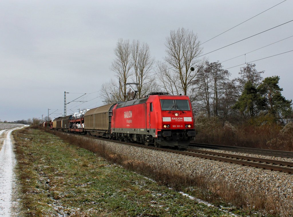 Die 185 301 mit einem Gterzug am 12.01.2013 unterwegs bei Langenisarhofen.