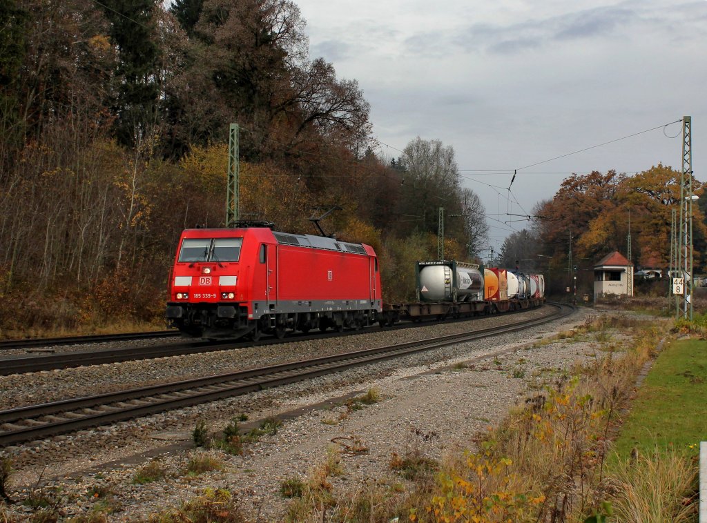 Die 185 339 mit einem KLV-Zug am 10.11.2012 bei der Durchfahrt in Aling.
