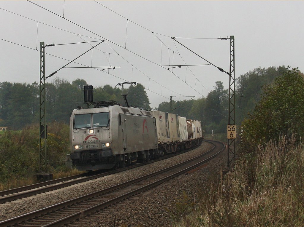 Die 185 539 am 14.10.2010 mit einem KLV-Zug unterwegs bei Gro�karolinenfeld. (B� Vogl)