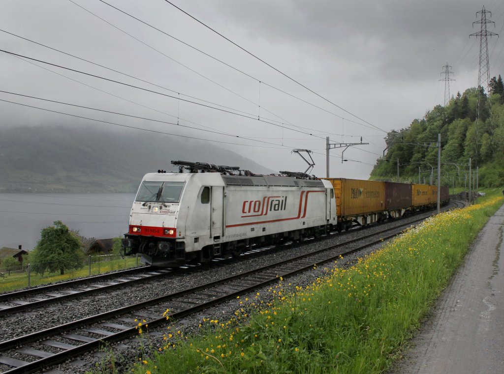 Die 185 580 mit einem Containerzug am 12.05.2013 unterwegs bei Immensee.