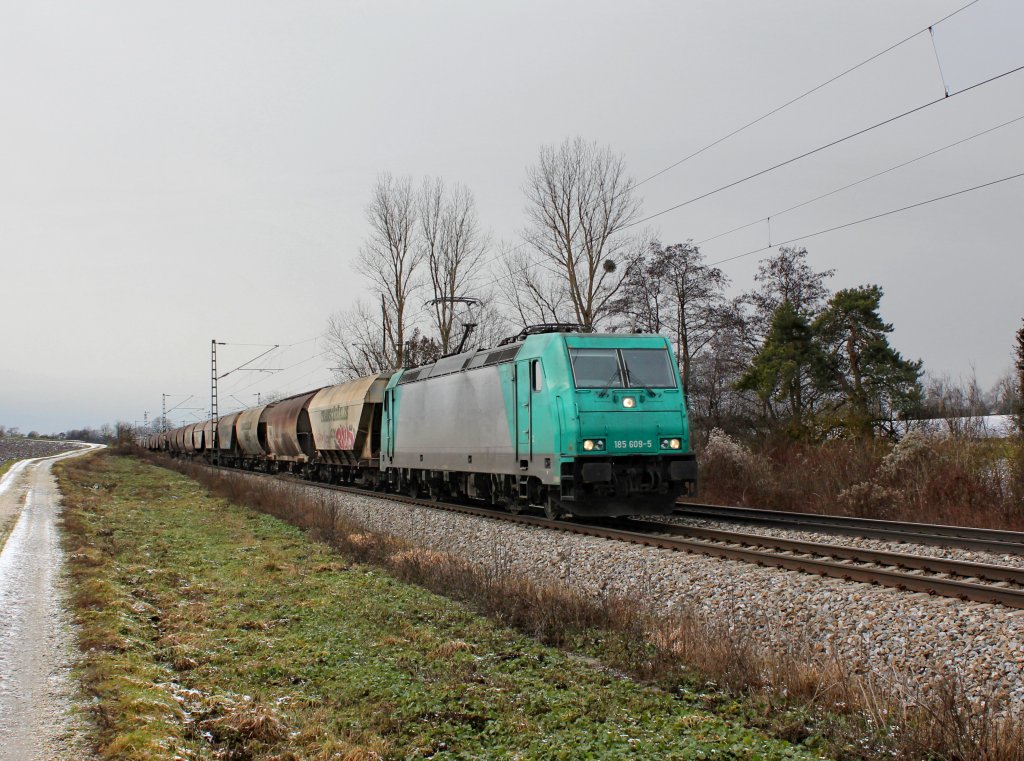 Die 185 609 mit einem Getreidezug am 12.01.2013 unterwegs bei Langenisarhofen.