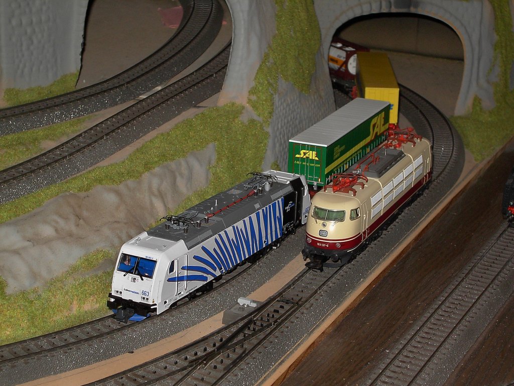 Die 185 663 und die 103 137 bei einer Doppeleinfahrt in den Bahnhof. 