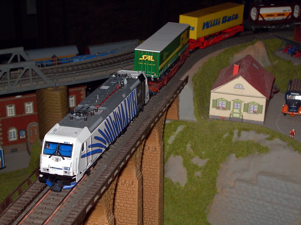 Die 185 663 von Lokomotion mit einen KLV-Zug unterwegs auf der Gebirgsbahn. 