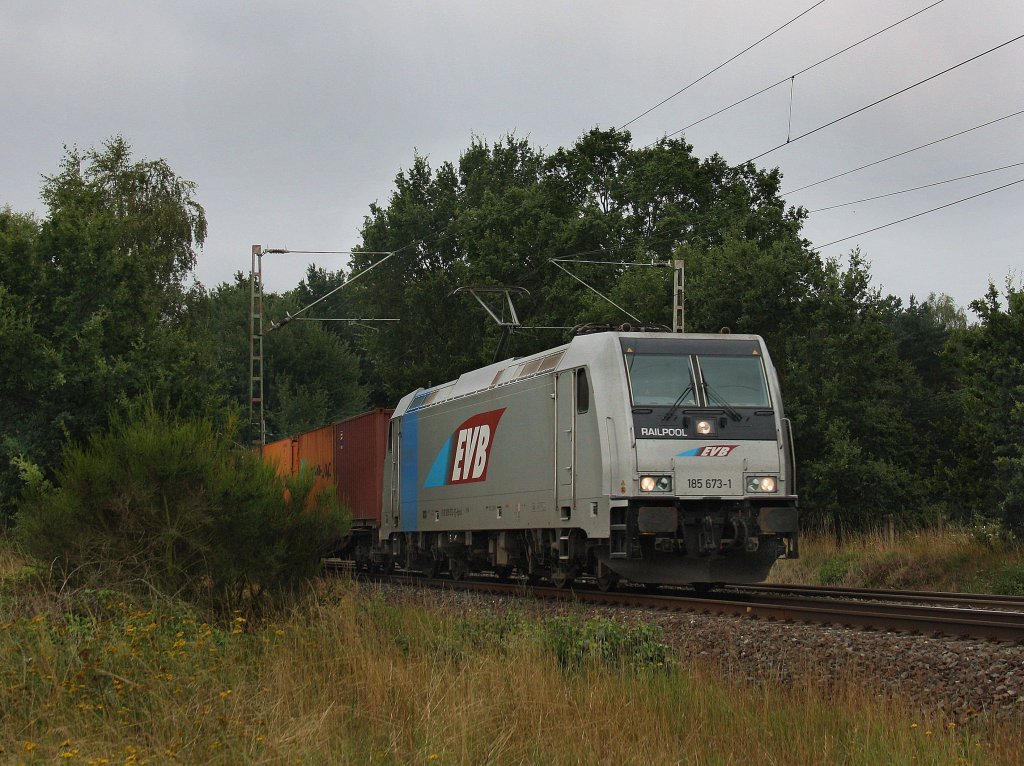 Die 185 673 am 11.08.2010 mit einem Containerzug unterwegs bei Eystrup. (Bild 3000)