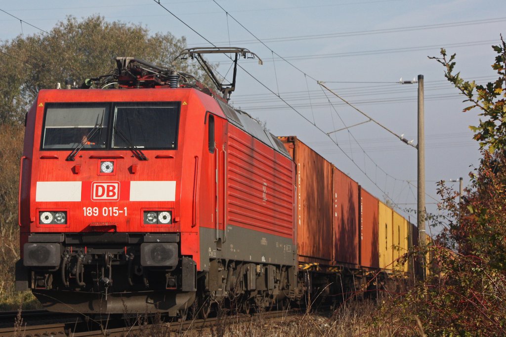 Die 189 015 hat soeben den Gbf Alte S�derelb verlass und zieht ihren Containerzug nun durch Hamburg-Morburg.Aufgenommen am 27.10.11.