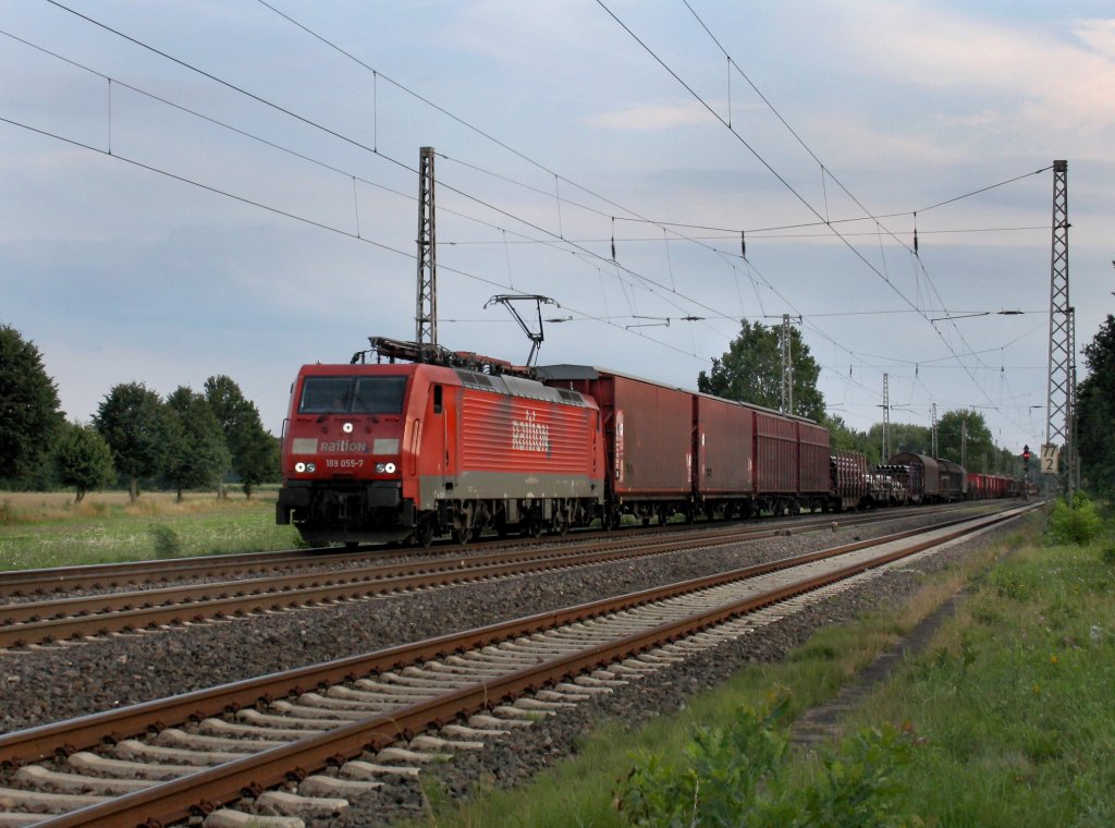 Die 189 055 mit einem Gterzug am 11.08.2010 unterwegs bei Drverden.