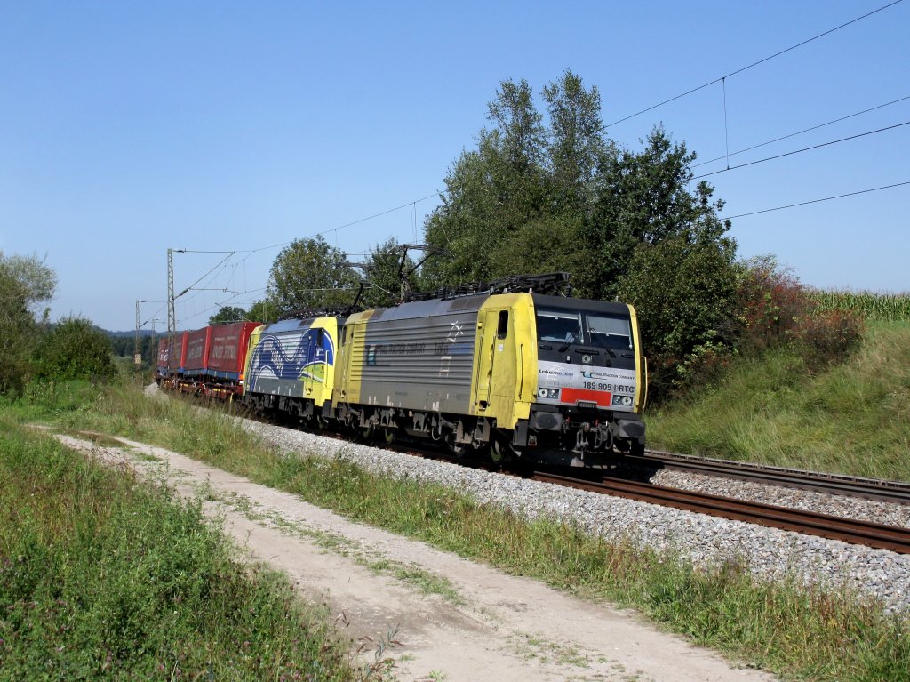 Die 189 905 und die 189 912 am 03.09.2011 mit einem KLV-Zug unterwegs bei Ostermnchen. 