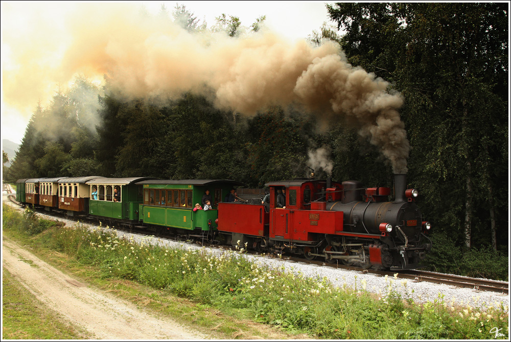 Die 1944 von Socit Franco-Belge gebaute Heeresfeldbahnlokomotive HF 160 D (BB 699.01), fhrt auf der Taurachbahn von St. Andr im Lungau nach Mauterndorf. Lintsching 23.7.2011 
